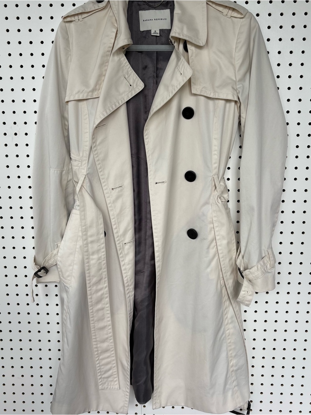Banana Republic Light Cream Double-Breasted Trench Coat with Black Buttons